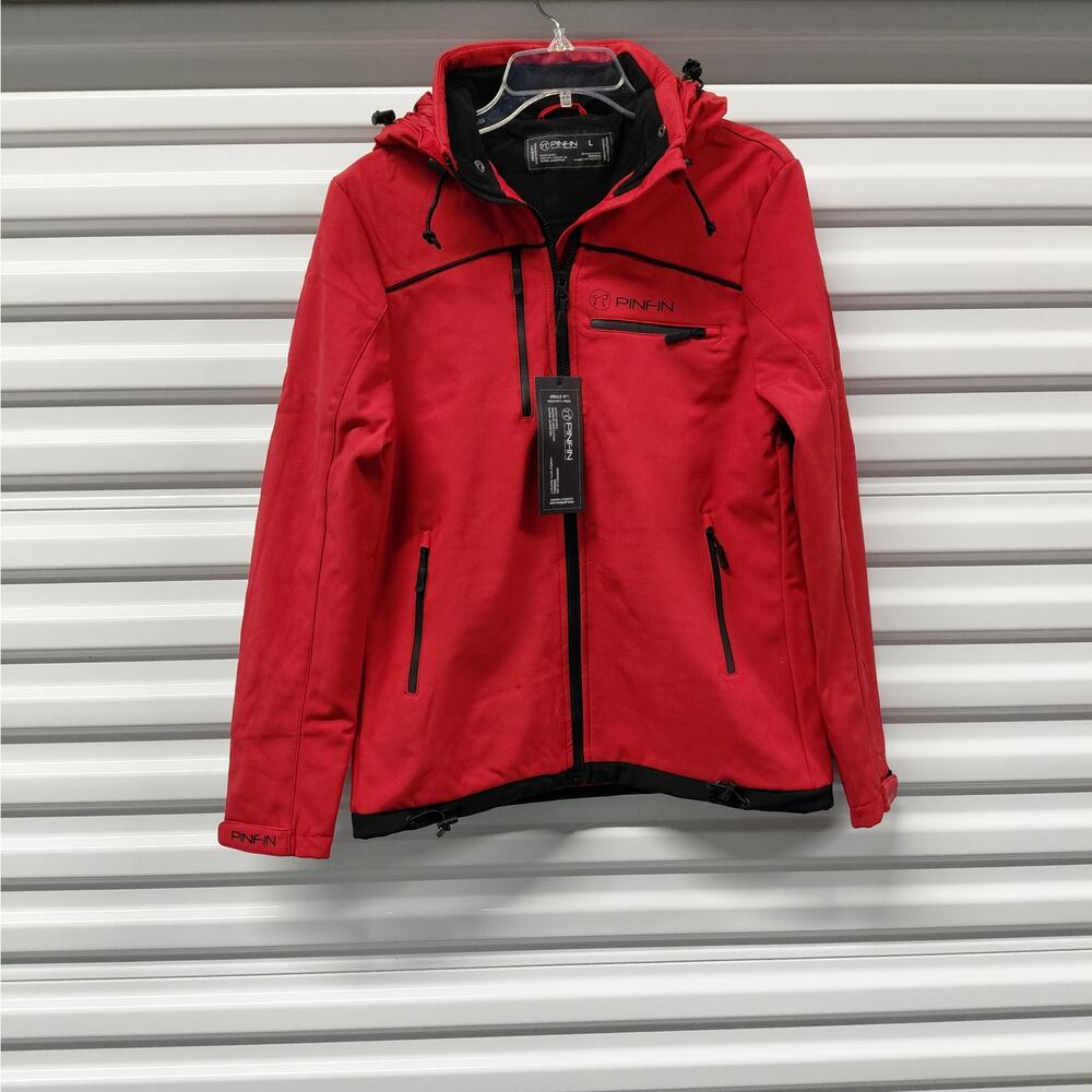 PinFin Women’s Hooded Windbreaker Alpha Jacket Size Large Red Hiking Rain Coat